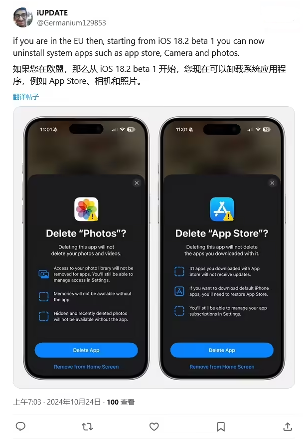 普宁苹果手机维修分享iOS 18.2 支持删除 App Store 应用商店 