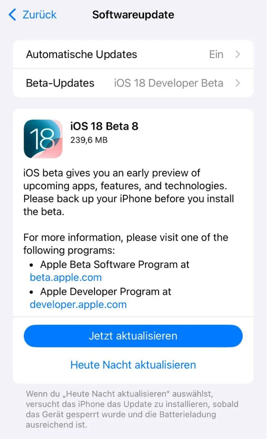 普宁苹果手机维修分享苹果 iOS / iPadOS 18 开发者预览版 Beta 8 发布 